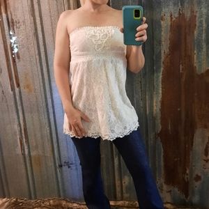 Strapless Floral Lace Ultra Pink Tunic with Pom Poms & Empire Waist